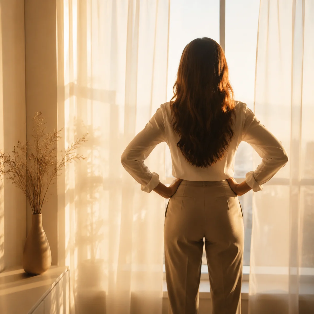 Editorial image of a person standing alone by a window looking determined, backlit with warm tones, text overlay style