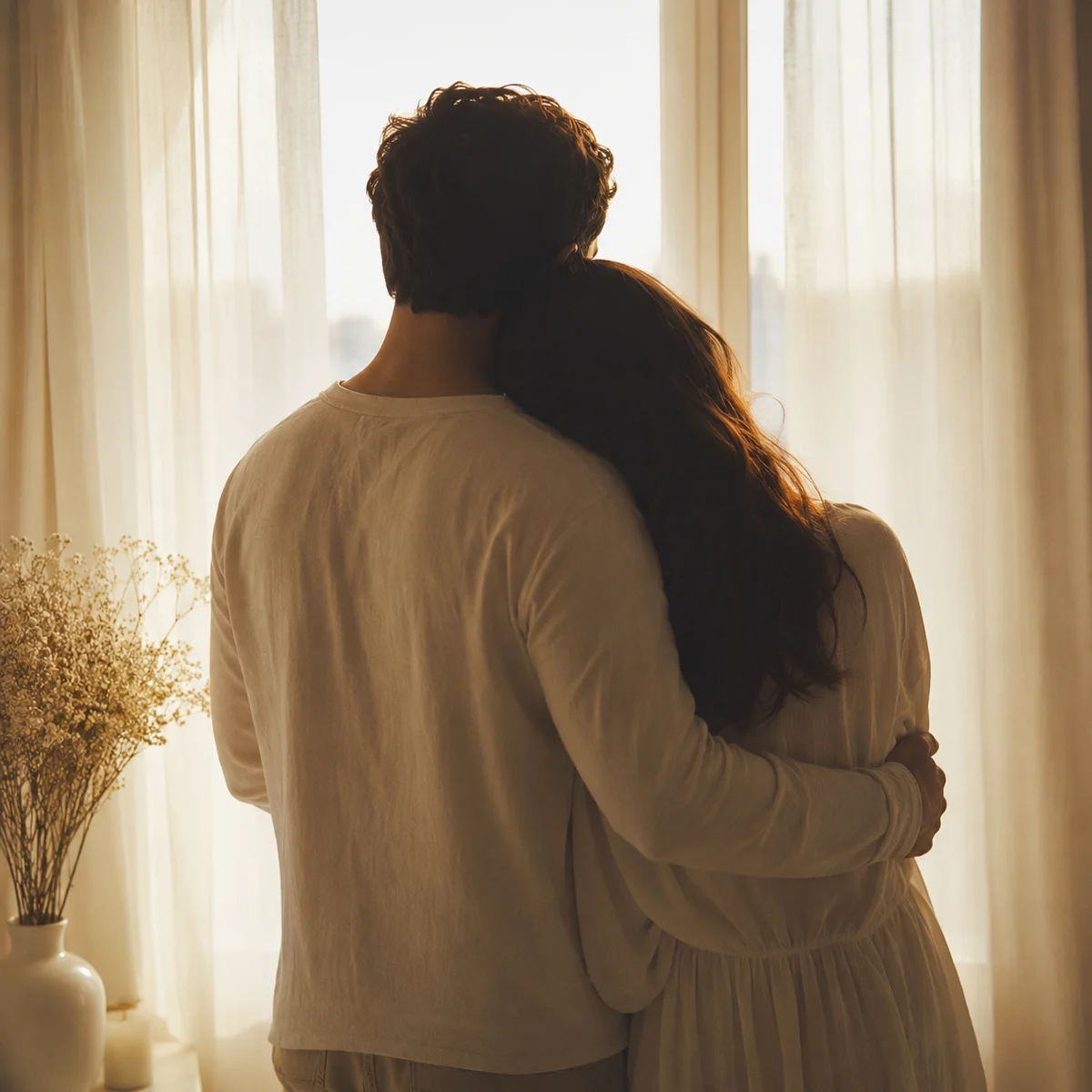 Editorial shot of a couple embracing from behind, silhouetted against a window with soft morning light, text overlay with subdued typography