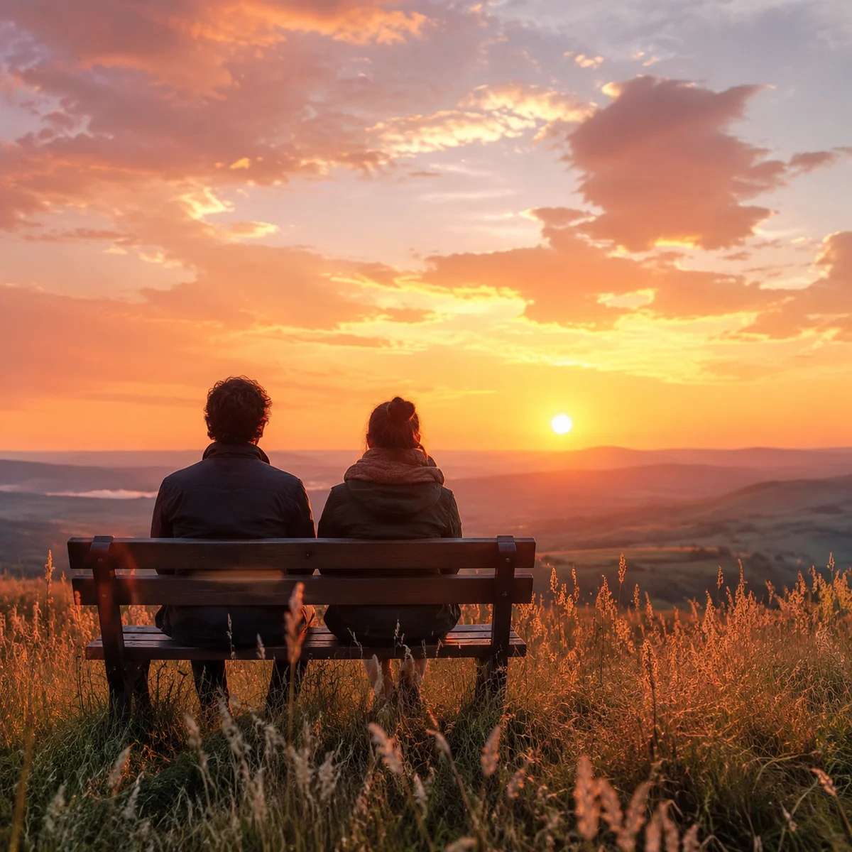 Wide editorial shot of a couple sitting on a park bench from behind, looking at a sunset together, warm golden hour light, text overlay