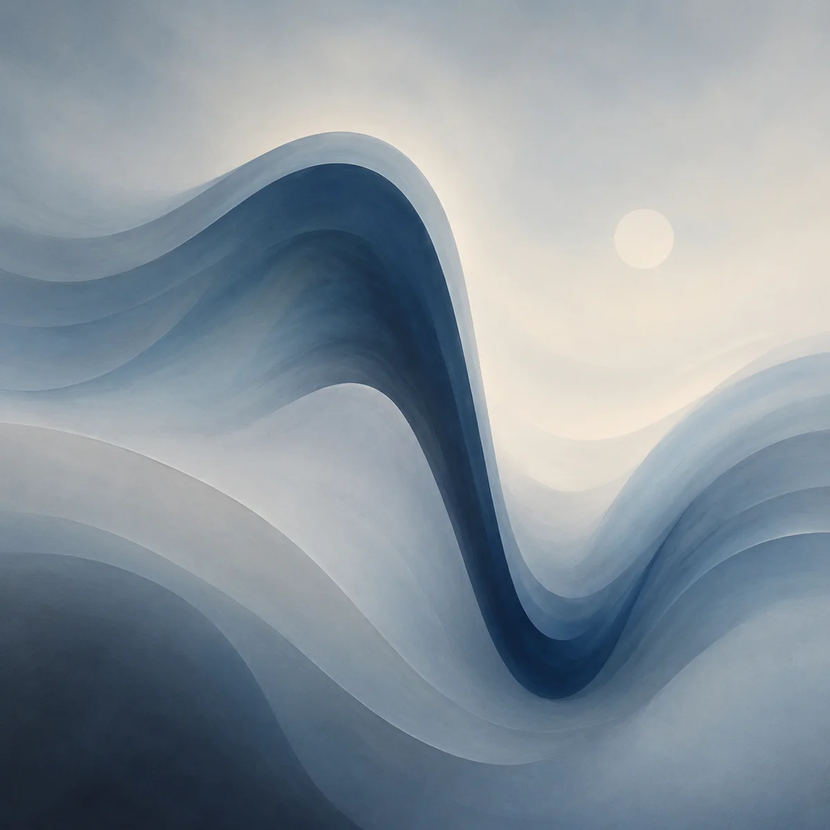 Soft abstract composition showing a wave that rises and then dips sharply, rendered in muted blues and grays, representing the emotional high and crash cycle after an intense experience