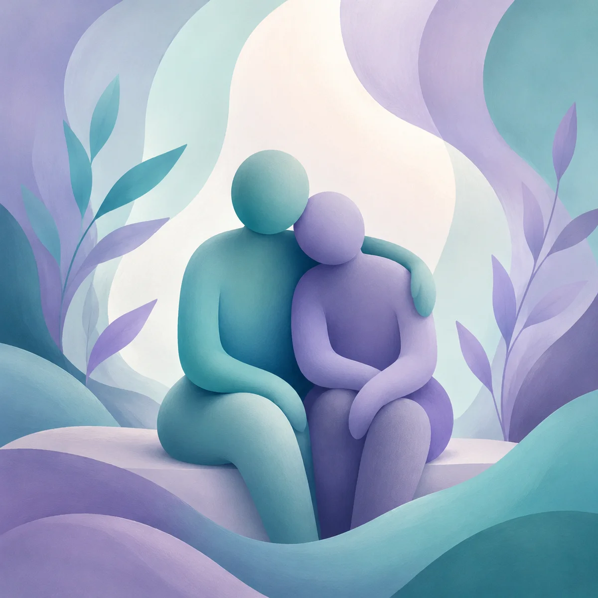 Soft abstract image of two abstract figures sitting close together on a simple surface, framed by gentle flowing shapes in calm teal and lavender tones, representing partner support during recovery