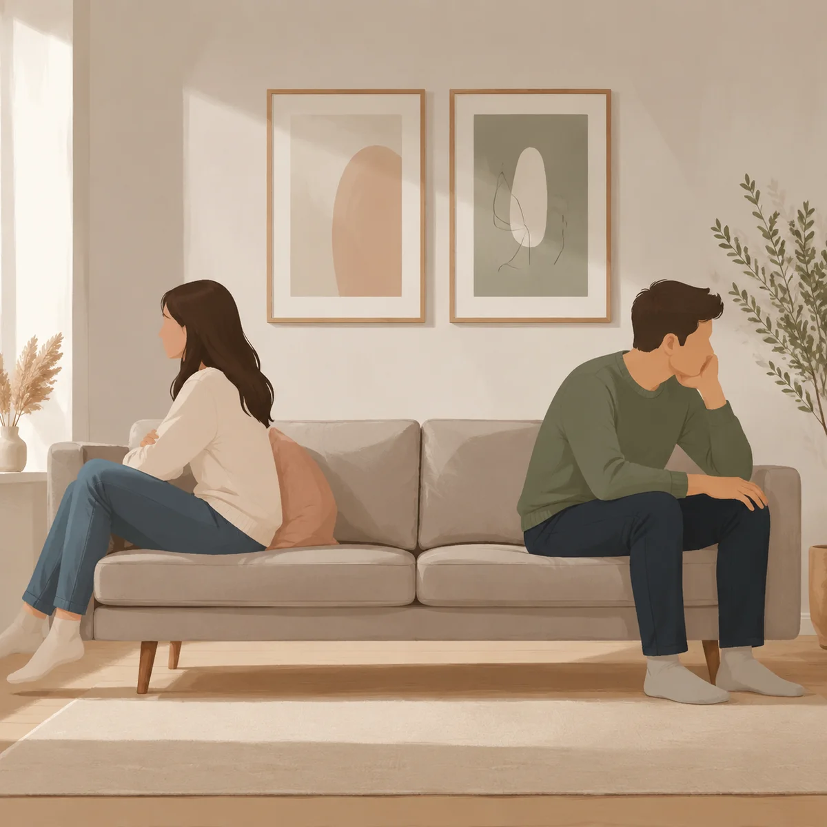 Couple sitting apart on opposite ends of a couch in soft window light, conveying emotional distance after a difficult experience