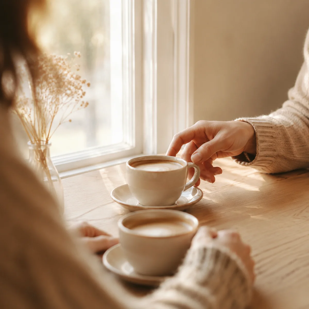 Two coffee cups on a wooden table with one hand reaching toward the other, morning light creating warm beige tones