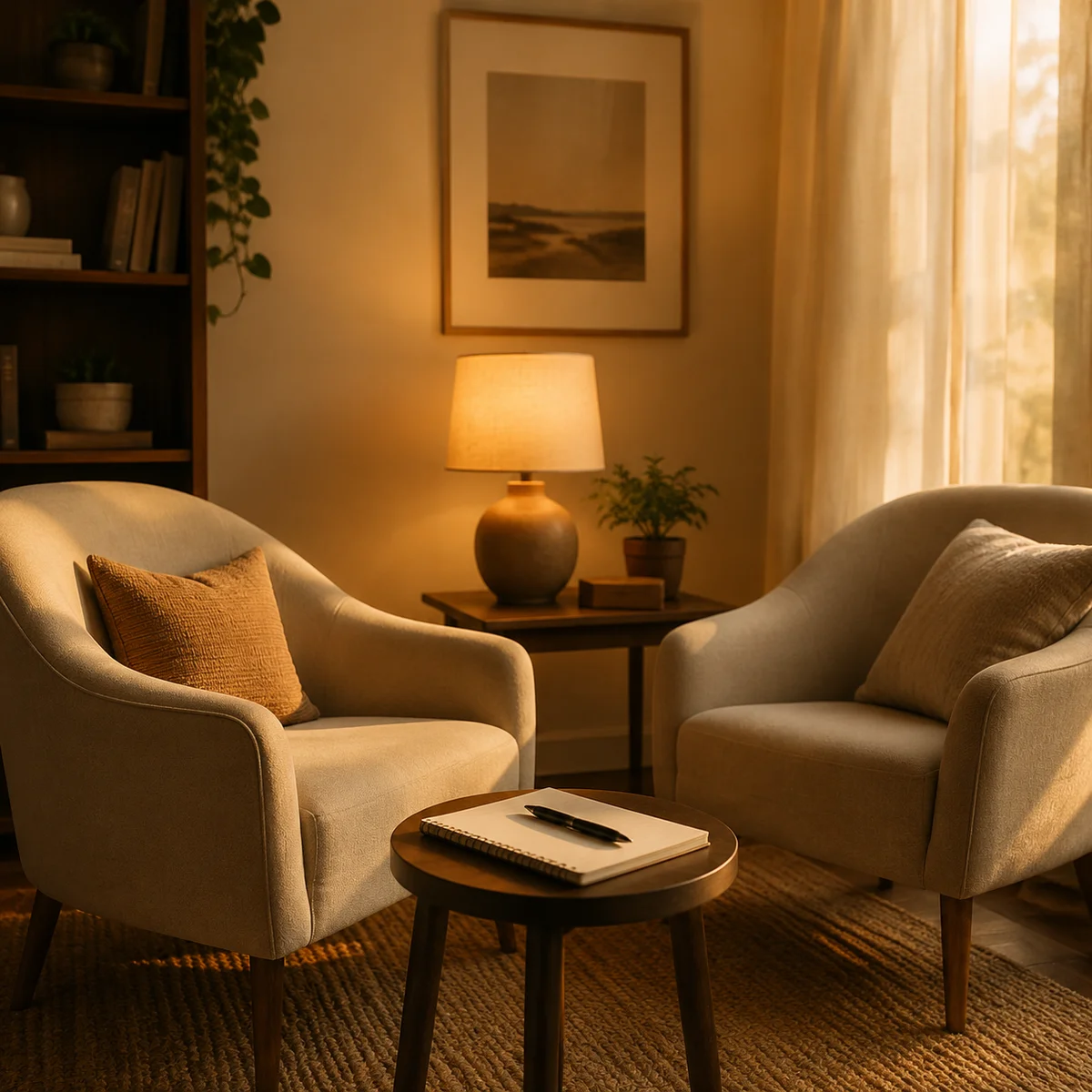 Two empty chairs facing each other in warm lamp light with a notepad between them, symbolizing structured conversation space