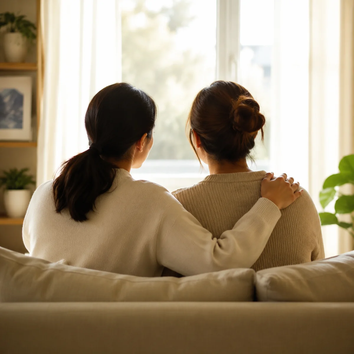 Couple sitting together on a couch viewed from behind, one hand resting on the other's shoulder, facing bright window light