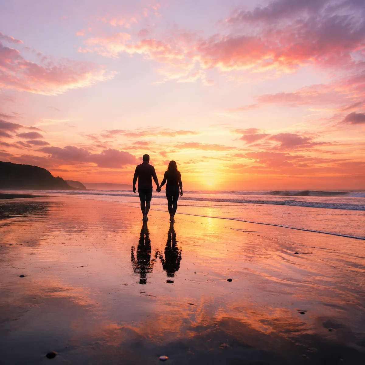 Two figures walking hand in hand on a beach at sunrise with golden-pink sky, symbolizing a new beginning after healing