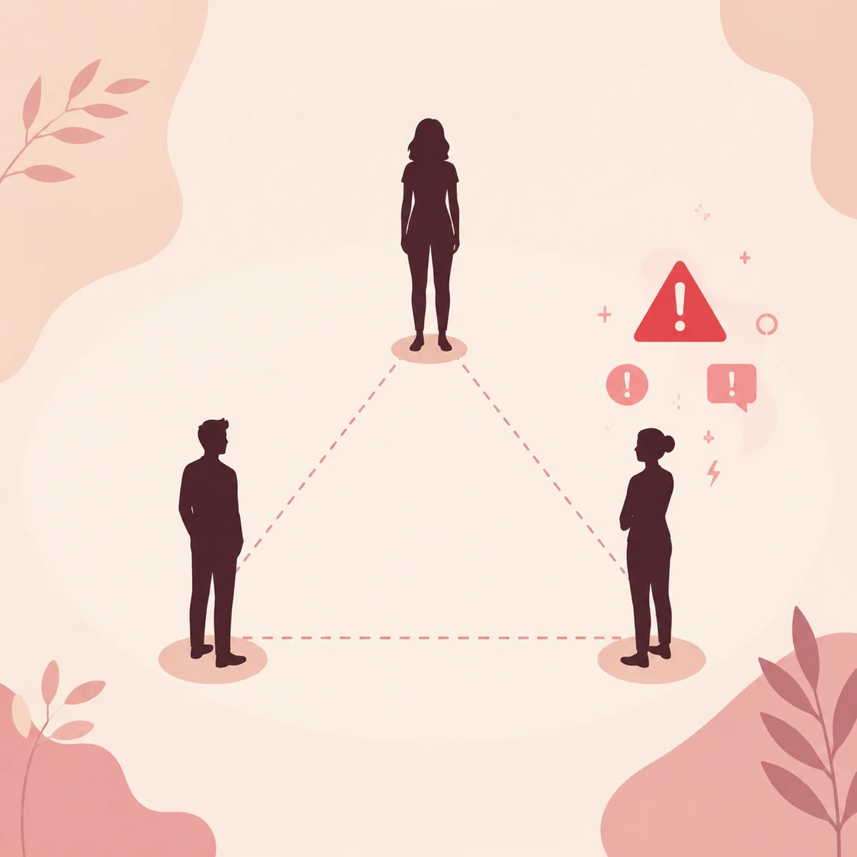 Three silhouetted figures in a triangle formation with subtle warning symbols, flat vector illustration