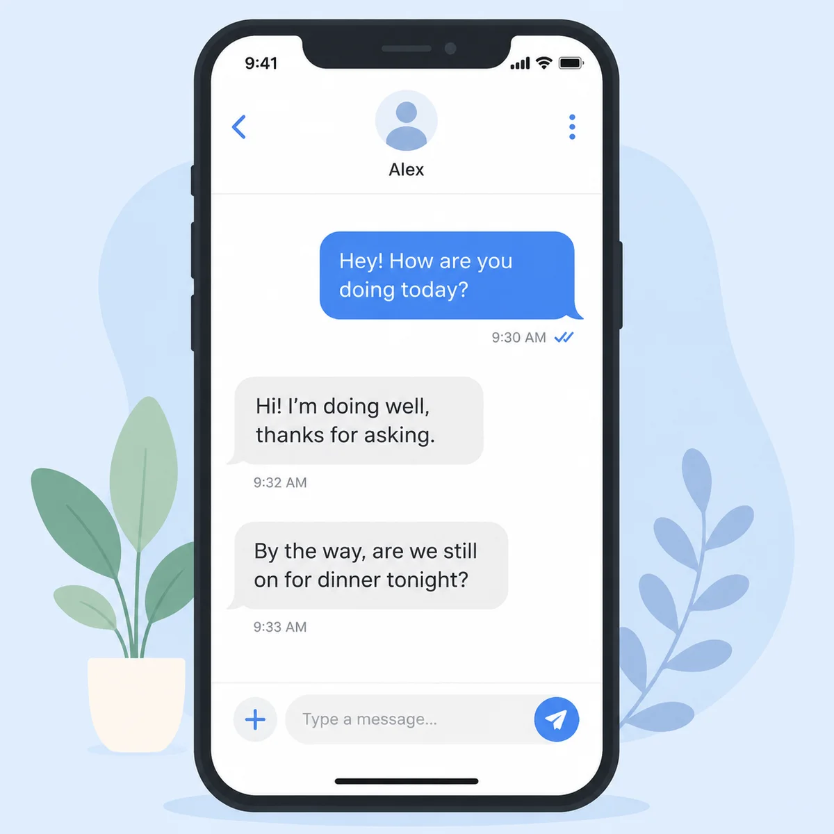 Smartphone showing unbalanced chat engagement with two colored bubbles, flat vector style
