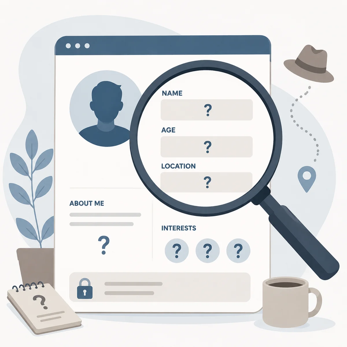 Magnifying glass over a profile card with missing details shown as question marks
