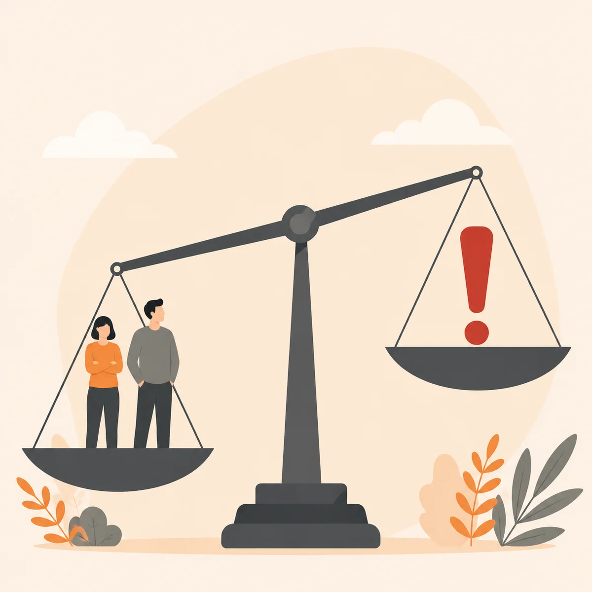 Scale tipping unevenly with figures on one side and warning symbol on the other, flat vector