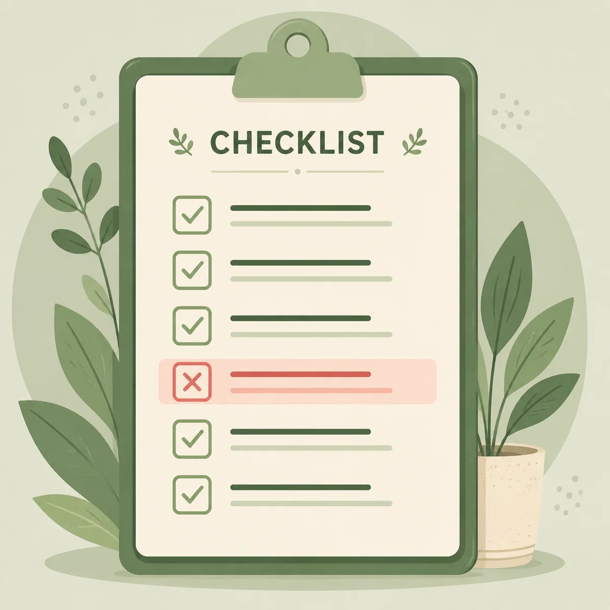 Checklist with green checkmarks and one red X, flat vector illustration style