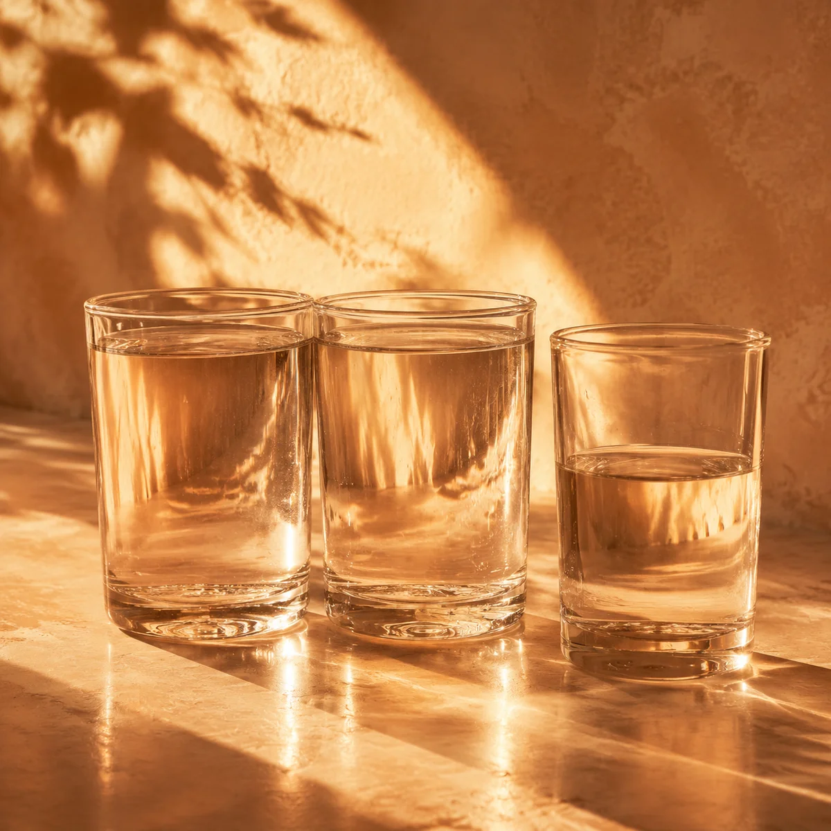Warm duotone composition with three glasses of water at different fill levels representing hierarchical relationship dynamics