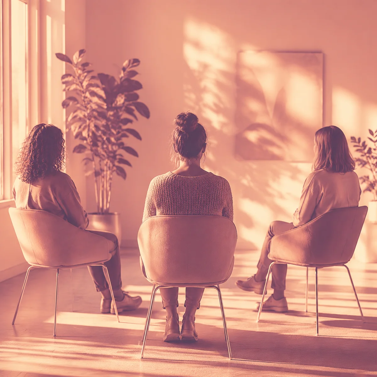 Warm duotone photograph showing three people sitting in equal positions having an honest conversation