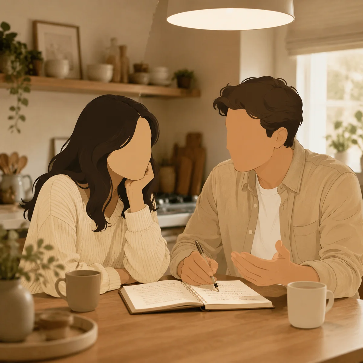 A couple having a serious but calm discussion at a kitchen table with an open notebook, soft lighting, editorial style