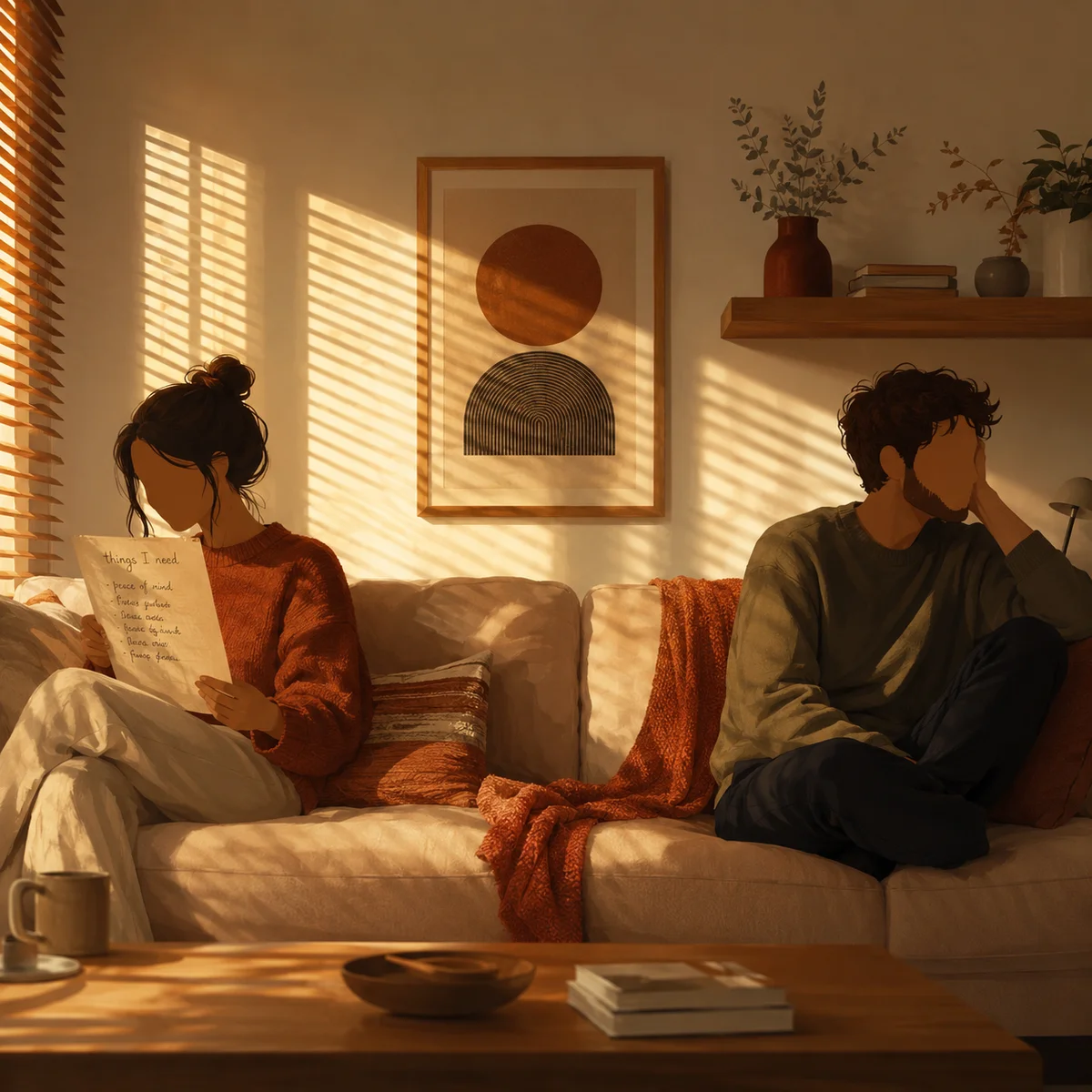 Two people on a couch, one holding a handwritten list, afternoon light through blinds, editorial photography style, contemplative mood
