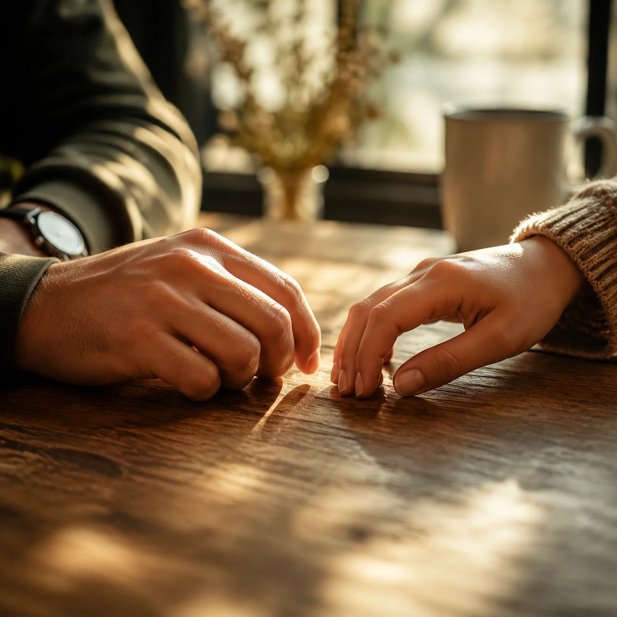 Close-up of two hands resting near each other on a wooden table, soft natural light, editorial style, symbolizing connection and respectful distance
