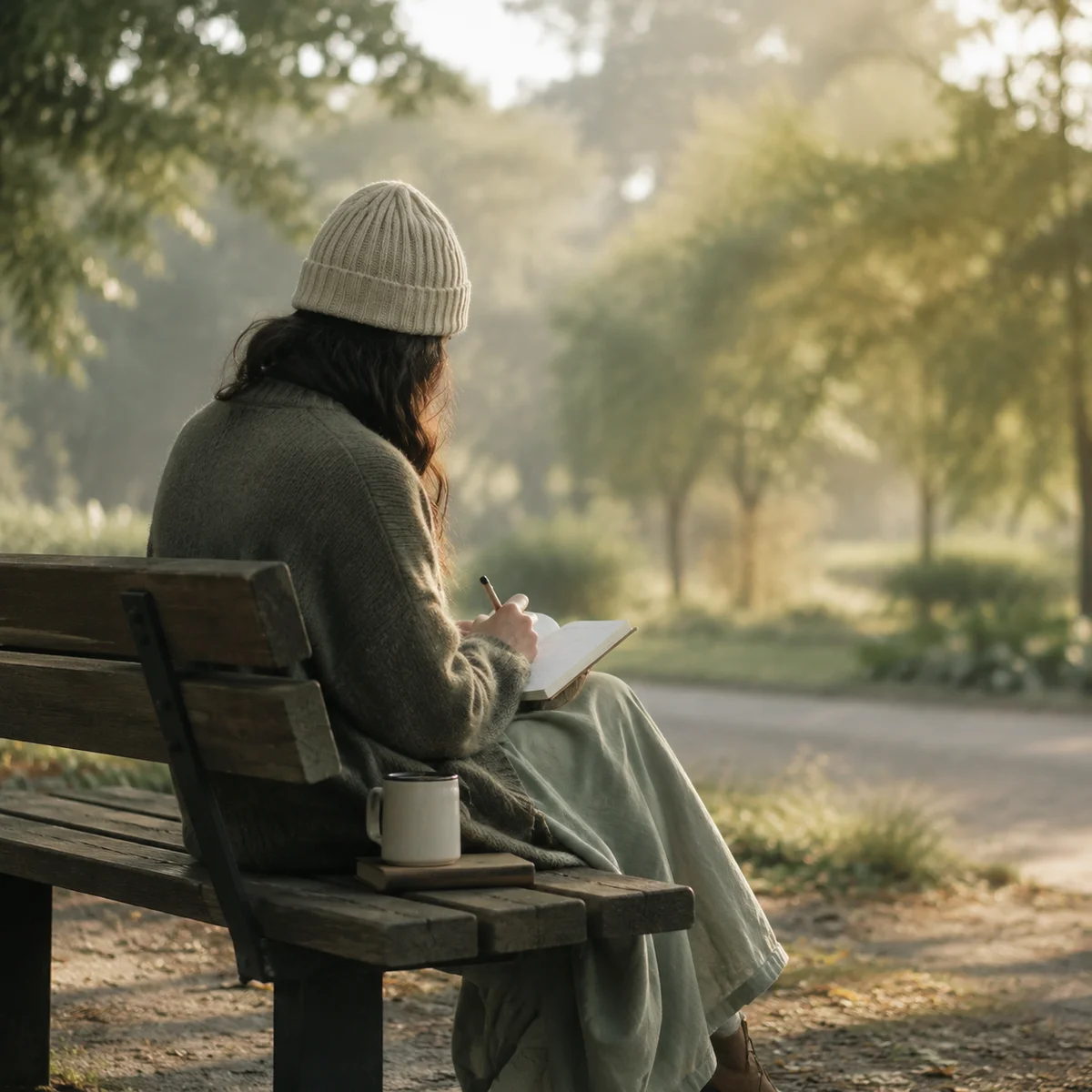 A person sitting alone on a park bench in morning light, writing in a journal, editorial photography style, peaceful reflection