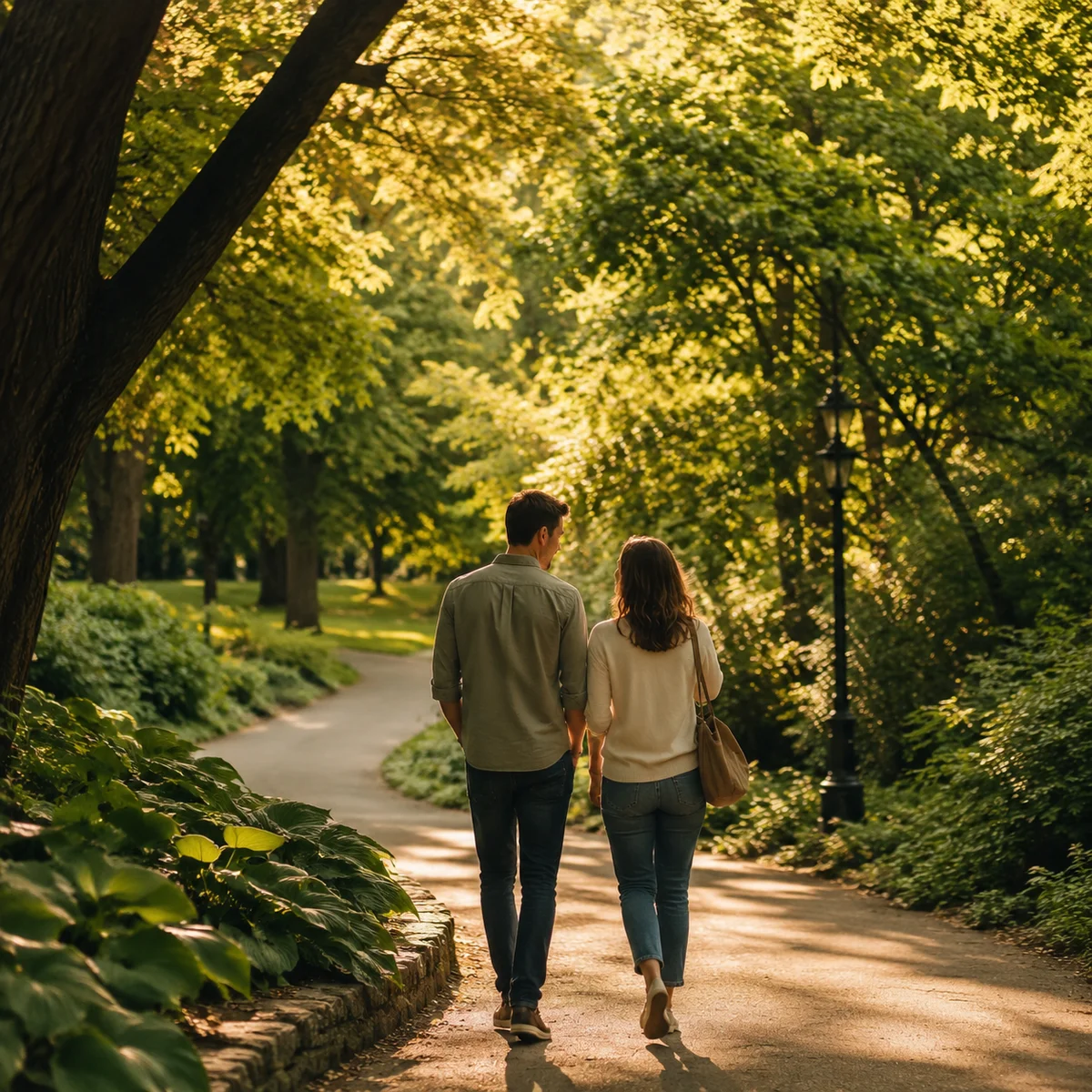 A couple walking together on a path through a park, talking quietly, dappled sunlight through trees, editorial style, forward-looking mood