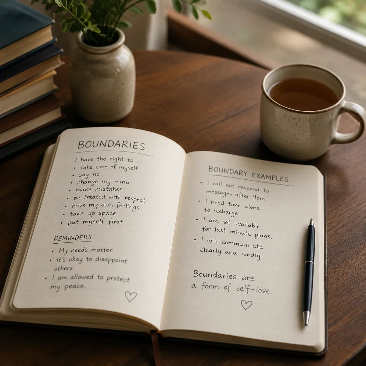 An open notebook with handwritten boundary notes and a cup of tea on a wooden table, soft window light, editorial photography style
