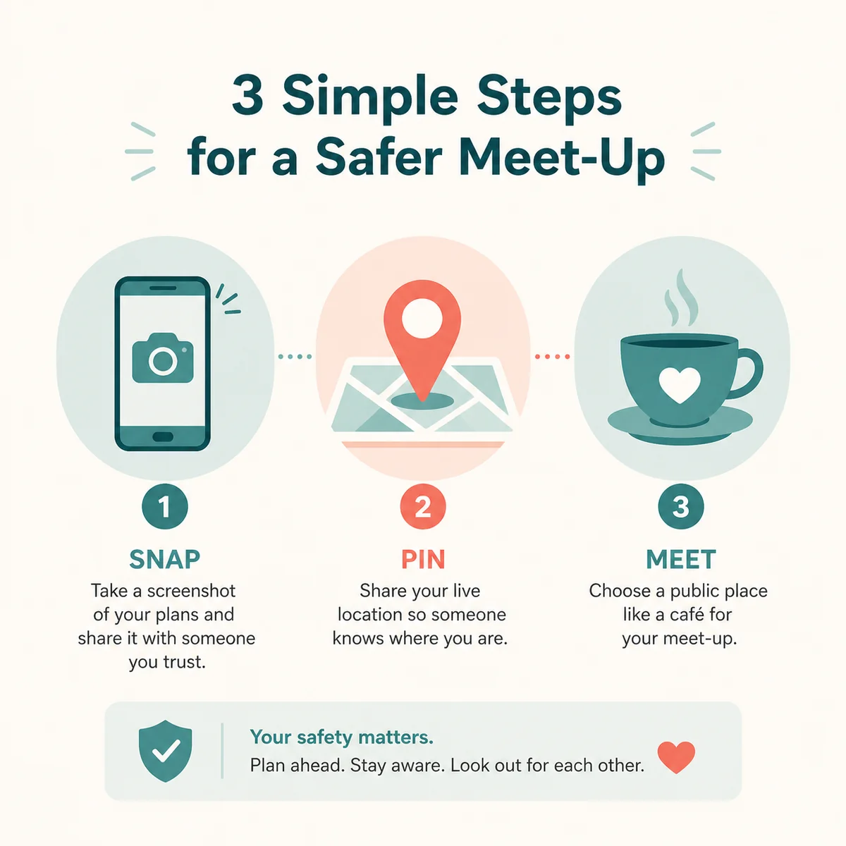 Clean infographic showing three safety steps: video call, share location, public meeting