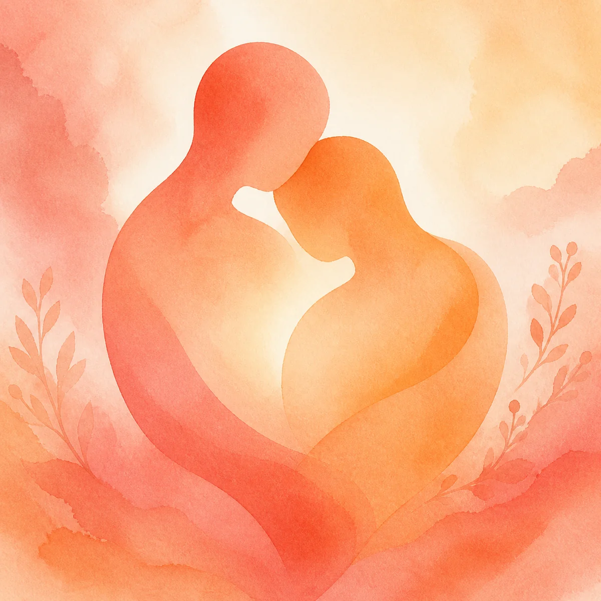 Soft watercolor illustration of two overlapping gentle shapes with warm light, representing emotional safety and trust