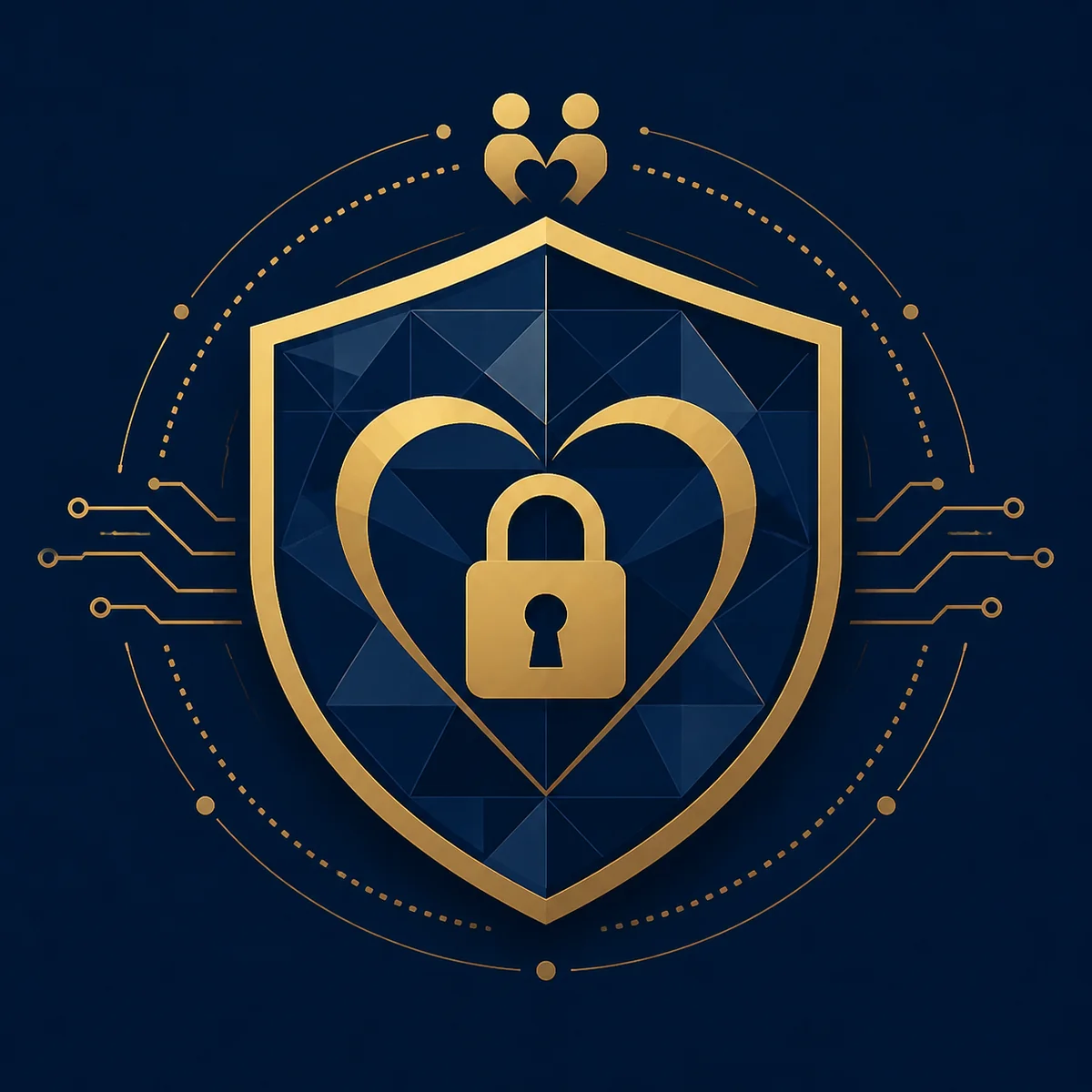 Geometric shield pattern with lock icon, modern infographic style showing digital privacy protection