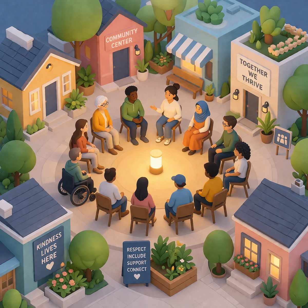 Modern isometric illustration of diverse people in a safe connected community, warm pastel colors