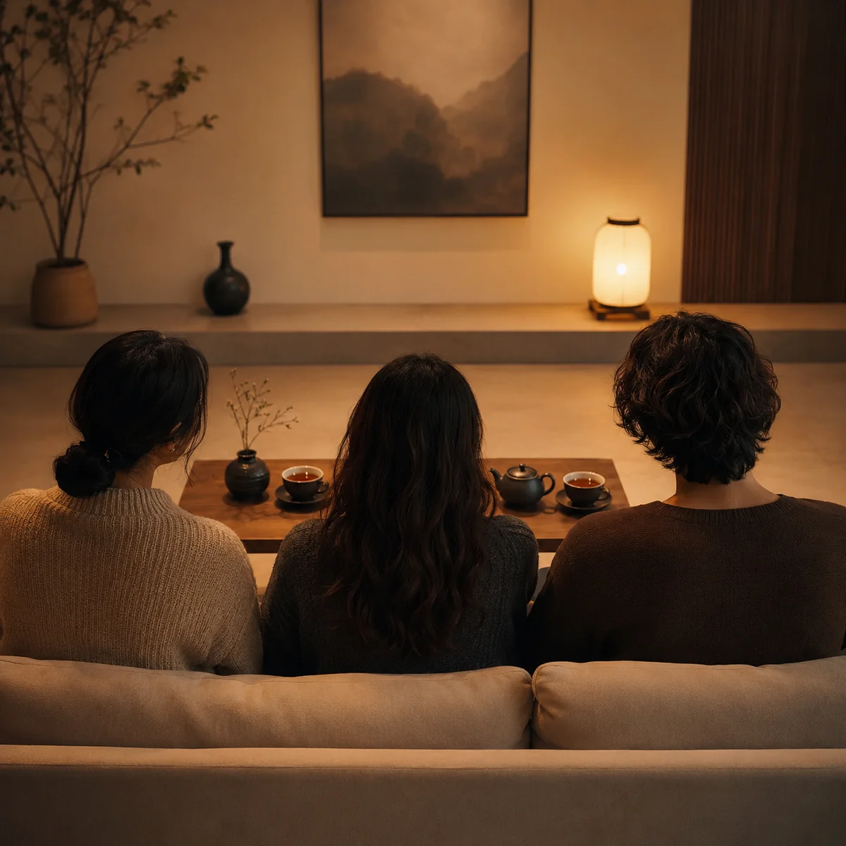 Three people sitting on a modern sofa seen from behind having a relaxed conversation in warm ambient lighting