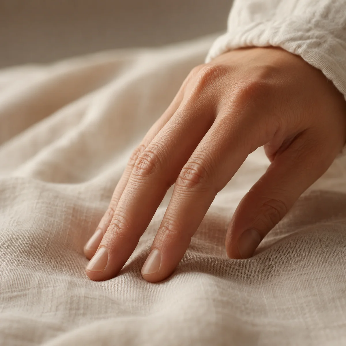Close-up of three fingers gently tapping on soft linen surface as a nonverbal check-in signal
