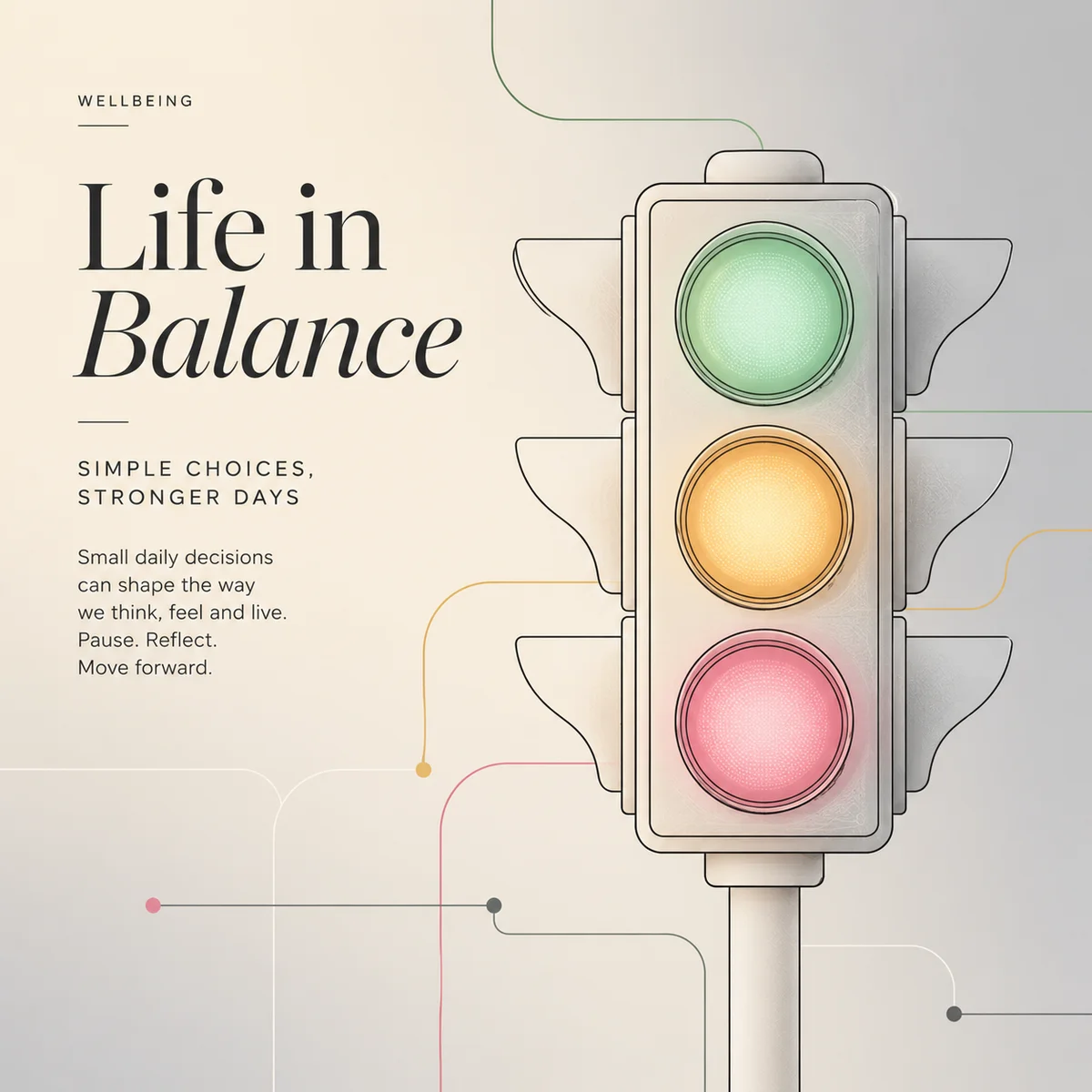 Stylized editorial traffic light illustration with pastel glowing circles on a soft gradient background