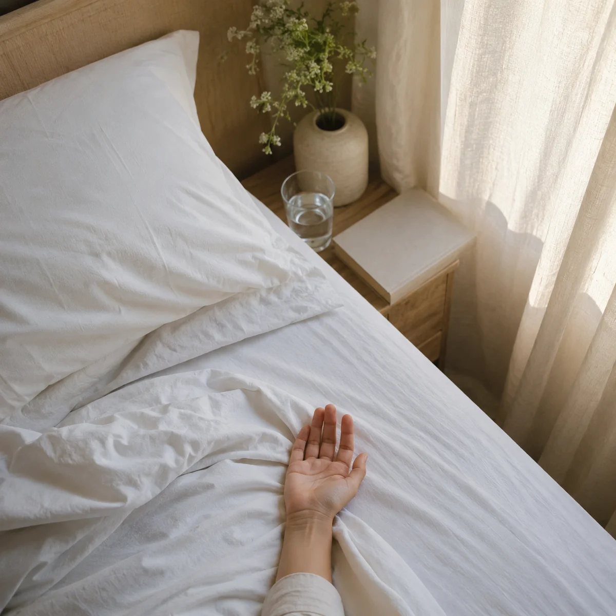 An elegantly made bed with crisp white linens and a hand resting in a gentle pause gesture on the edge