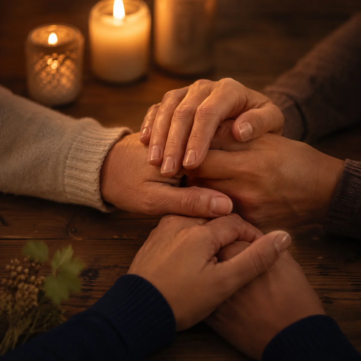 Three hands forming a loose circle on a wooden table in a warm gesture of care and connection
