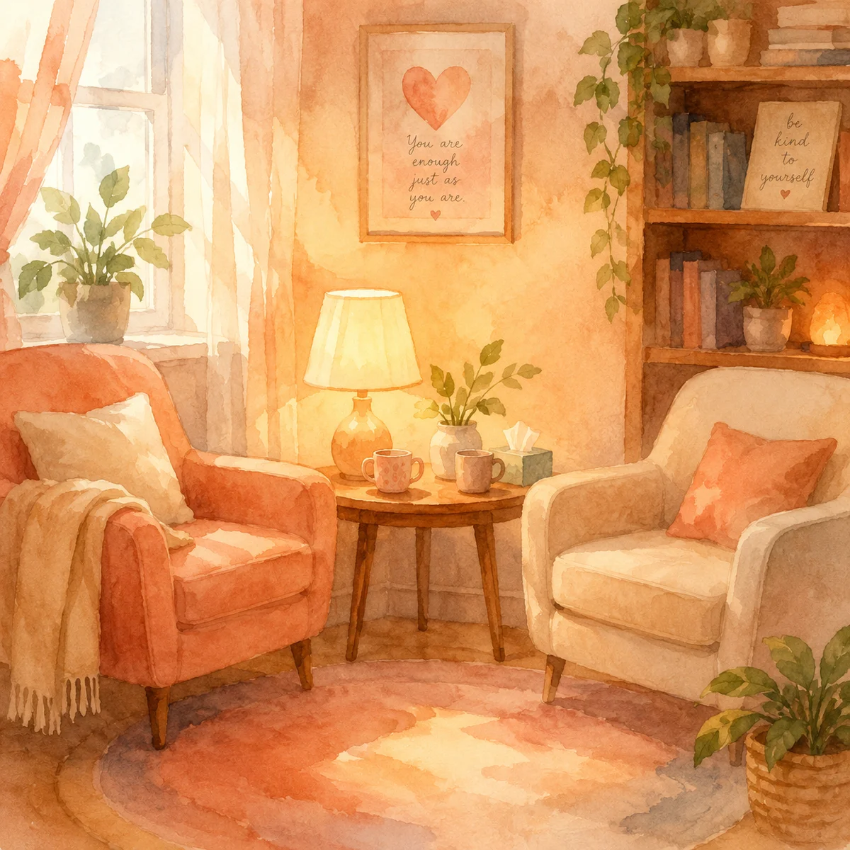 Watercolor painting of cozy living room chairs for boundary conversation setting
