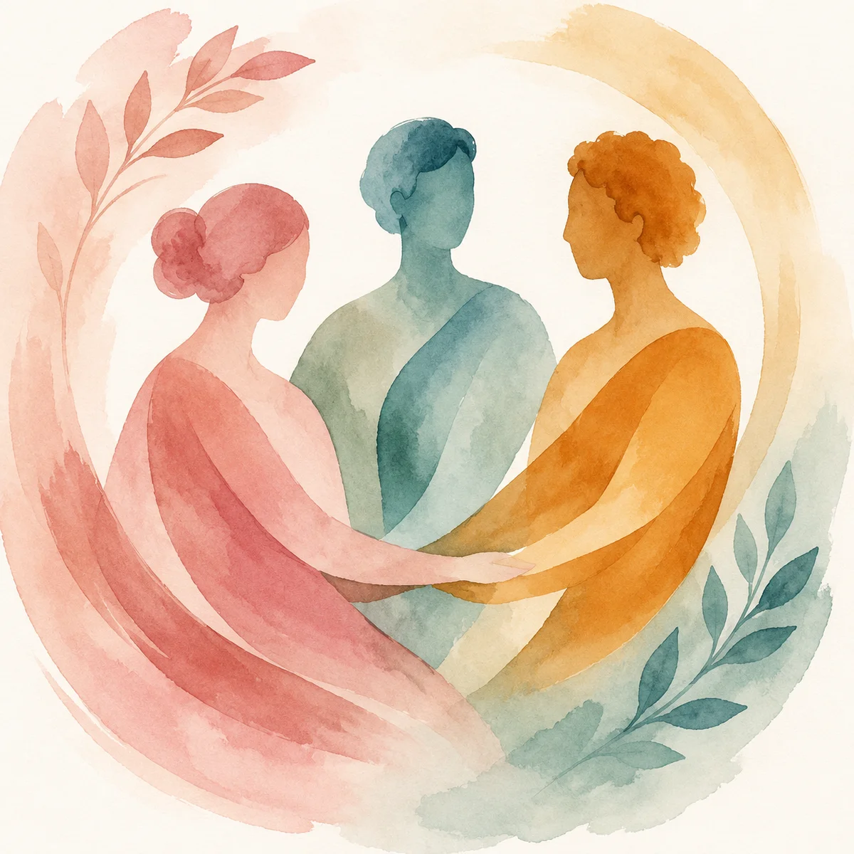 Watercolor abstract silhouettes of three figures representing balanced threesome dynamics