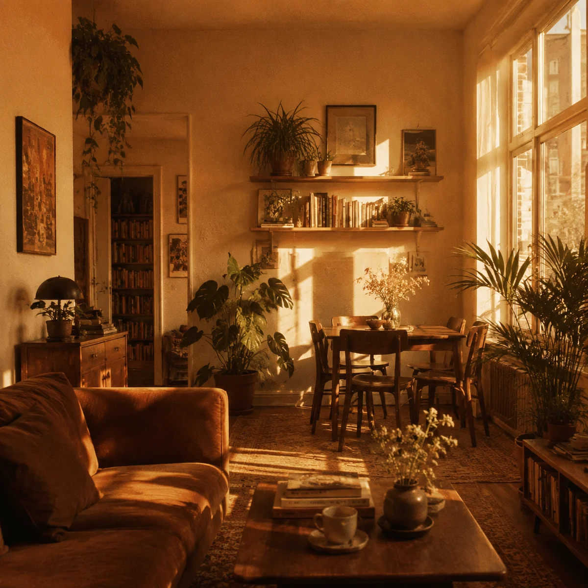 Warm duotone photograph of a serene apartment interior with plants, books, art on walls — a complete, self-sufficient space — soft golden hour light streaming through windows