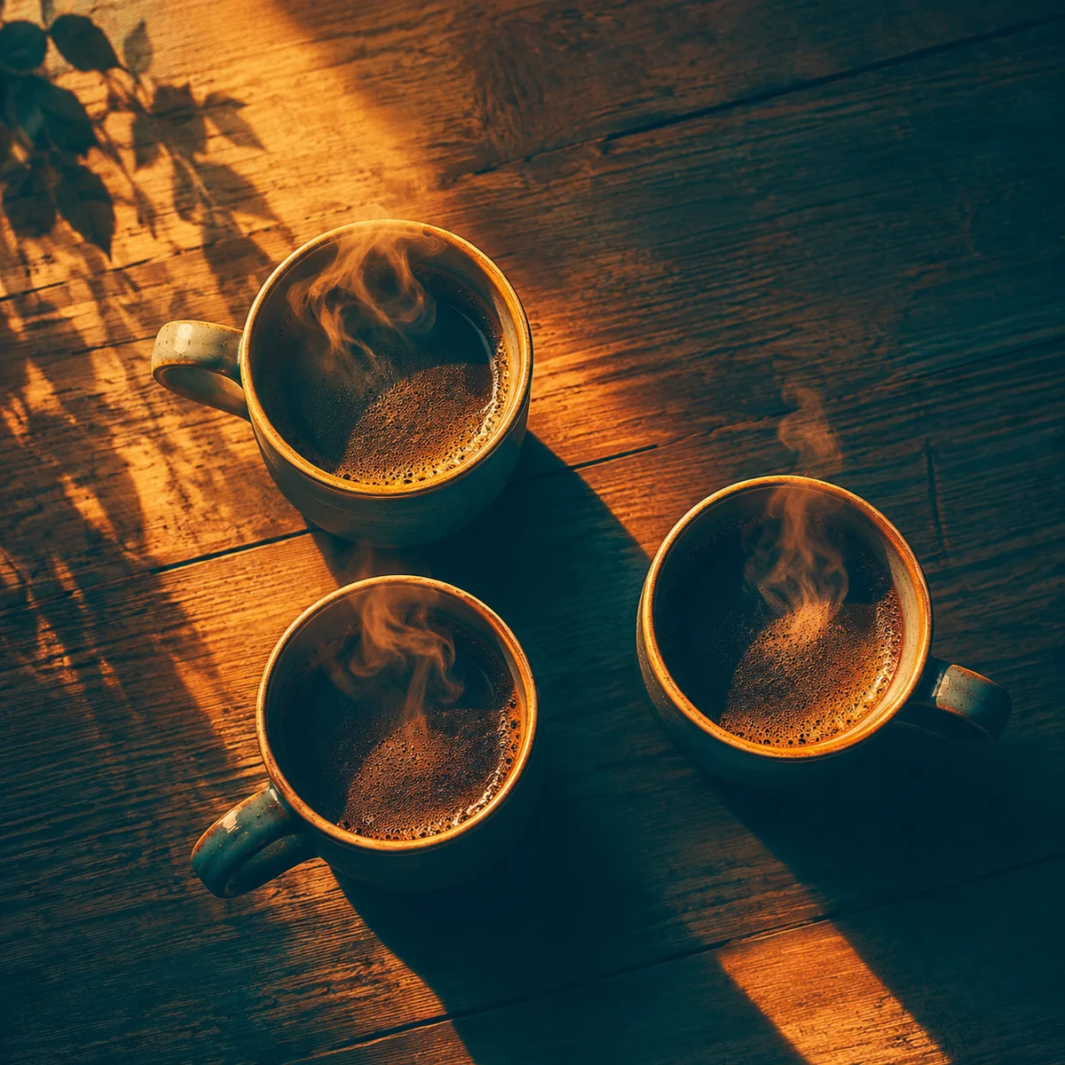 Warm duotone photo of three coffee cups on a table, two close together, one slightly apart — but all three are full and steaming, equal in substance