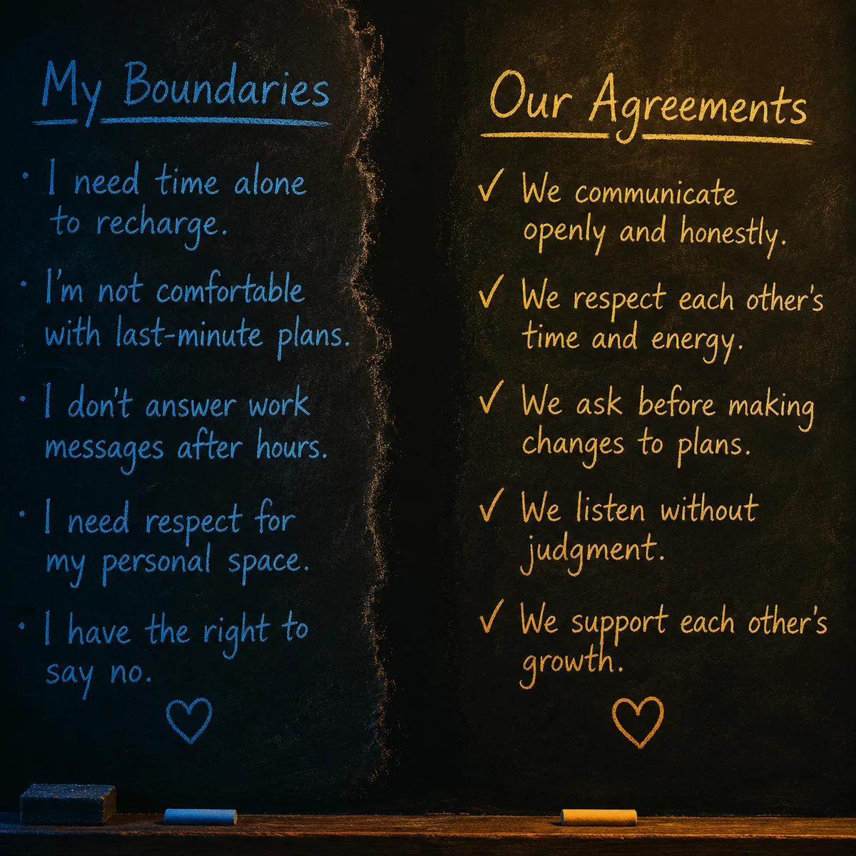 Warm duotone photograph of a chalkboard wall with different colored handwriting — one section in blue for solo boundaries, one in gold for shared agreements — clearly separated