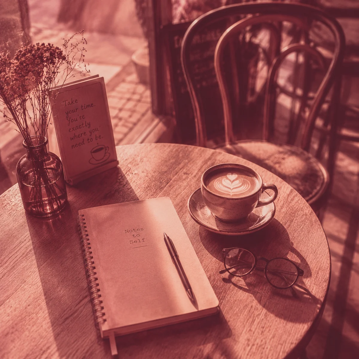 Warm duotone photo of a café table with a notebook, coffee cup, reading glasses, soft afternoon light, empty chair across — peaceful solitude