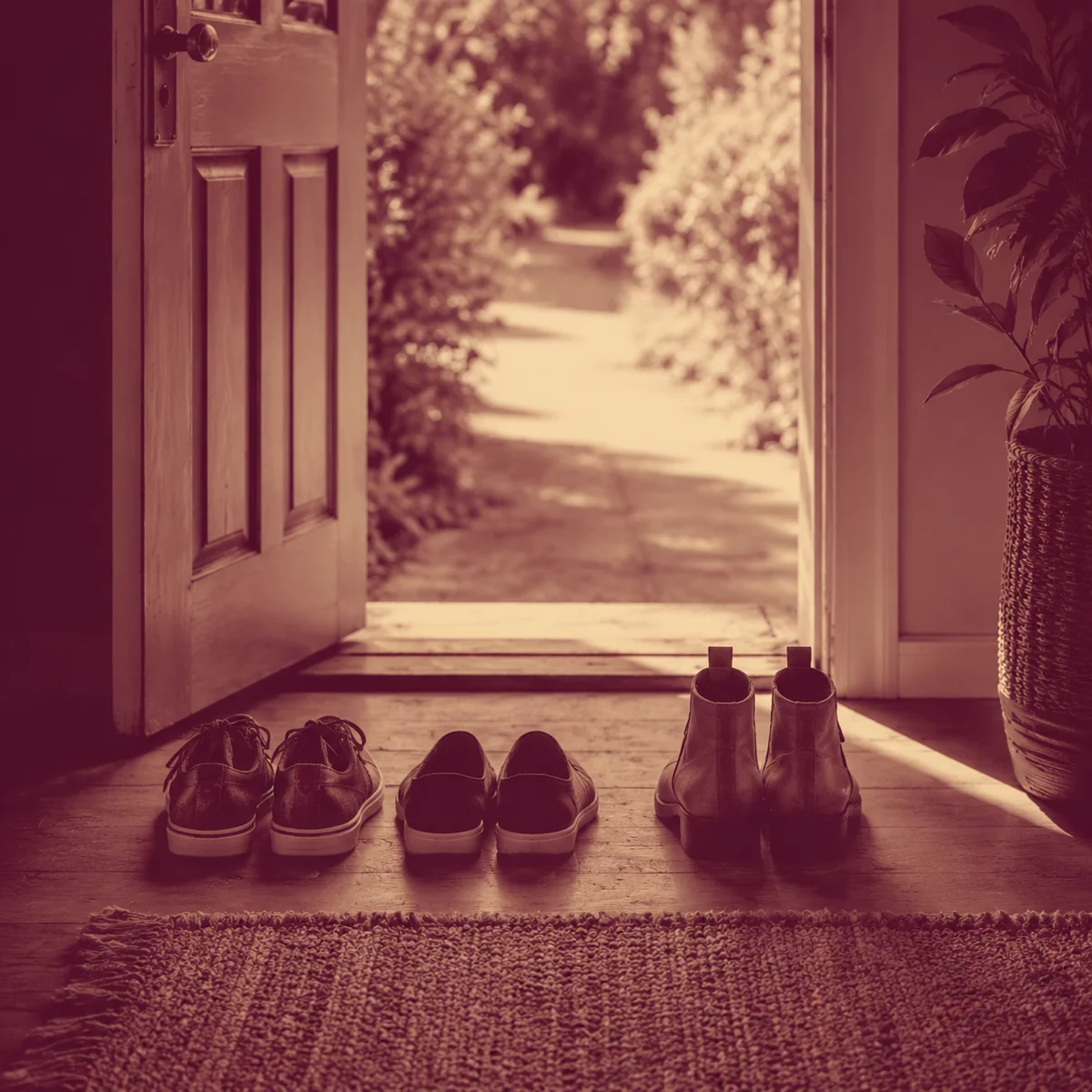 Warm duotone photograph of three different pairs of shoes by a doorway — two pairs close together, one pair slightly apart, all facing outward