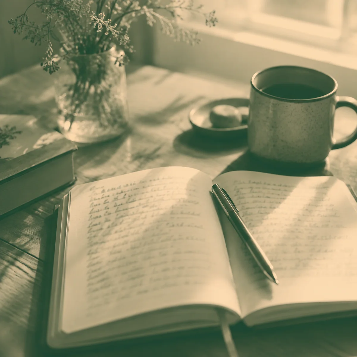 Warm duotone photograph of an open journal with handwritten notes, pen resting on the page, cup of tea nearby, soft window light