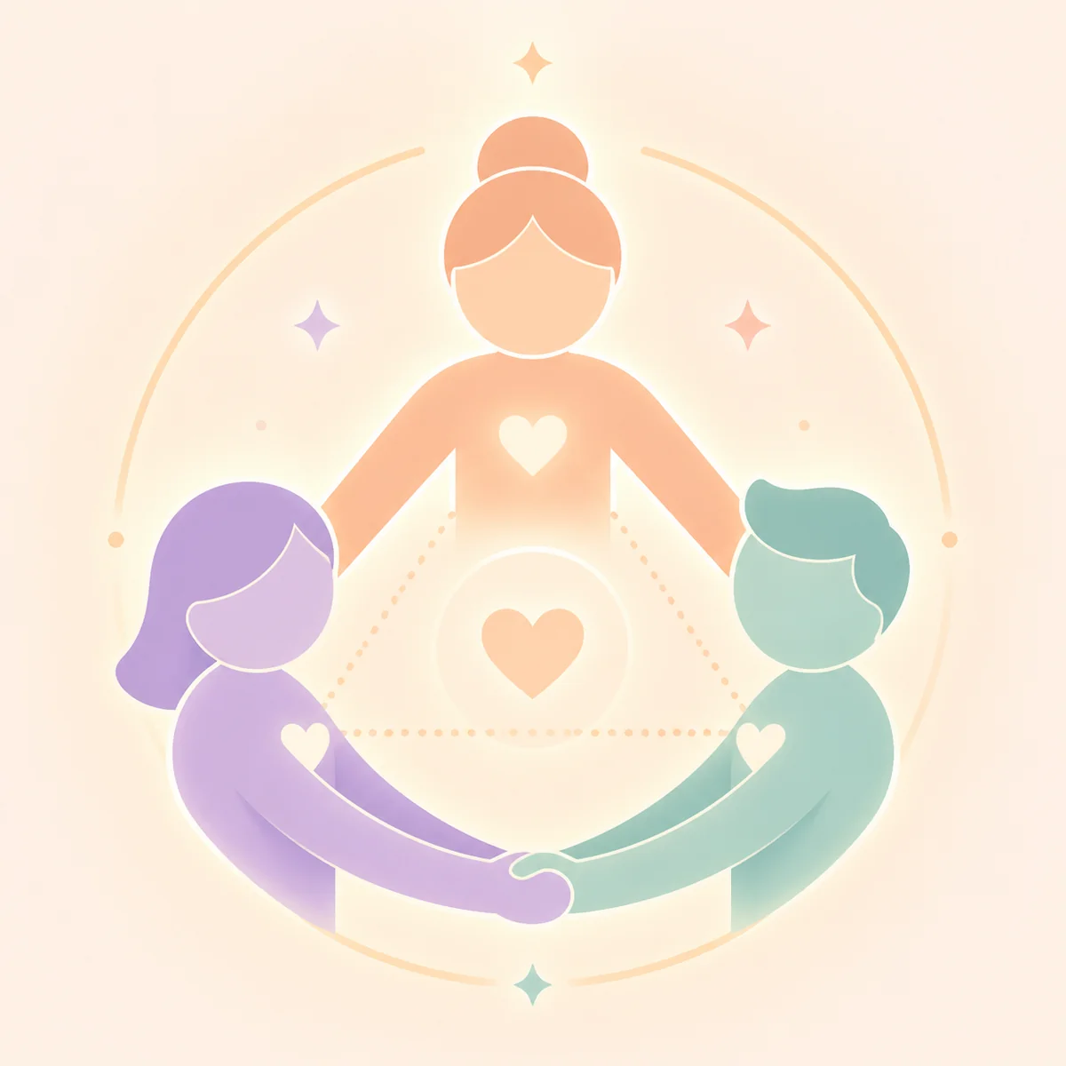 Three simplified figures connected in a balanced triangle formation, flat vector illustration with soft pastel tones, representing how to start a throuple relationship