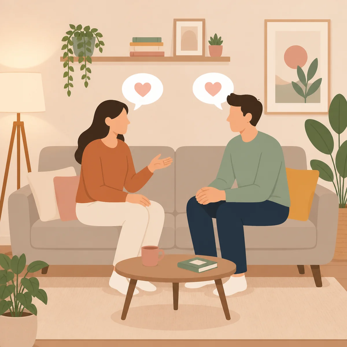 Two simplified figures sitting on a couch having a deep conversation, speech bubbles with heart icons, flat vector illustration in warm pastel tones, discussing how to start a throuple