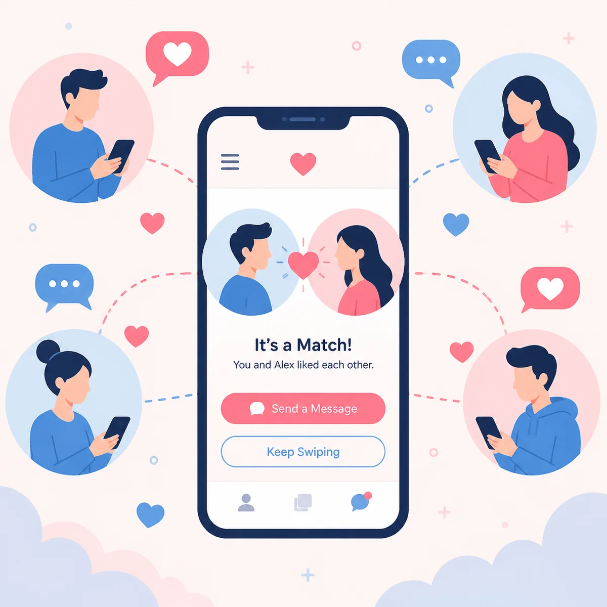 Simplified figures connecting through a smartphone interface with heart and chat icons, flat vector illustration, soft pastel color palette, showing how to start a throuple online