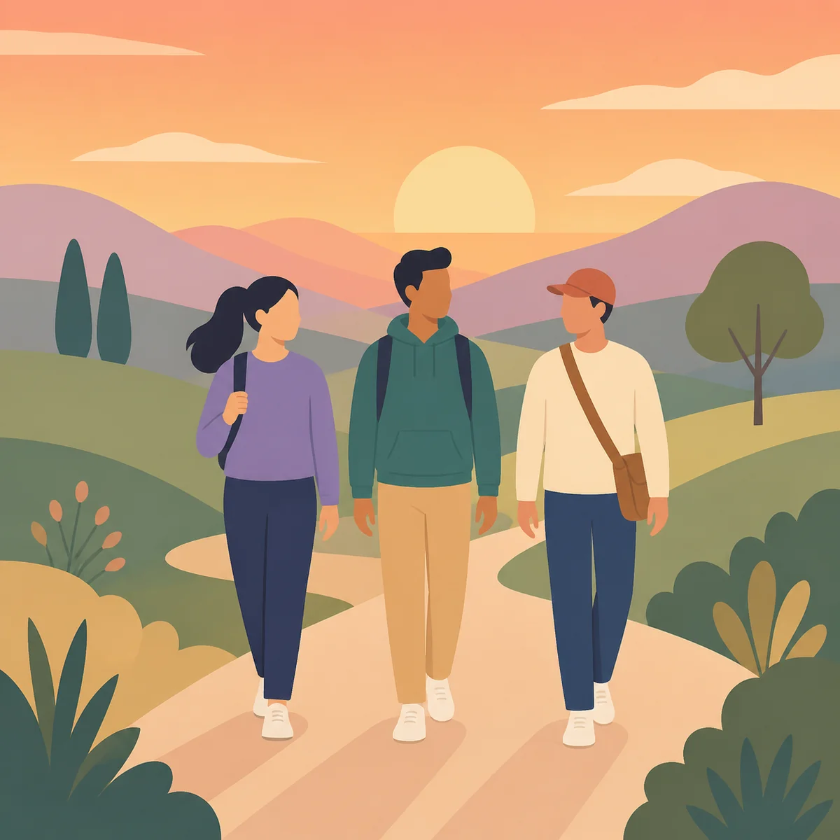 Three simplified figures walking together through a stylized landscape, flat vector illustration with harmonious warm tones, representing a healthy throuple relationship journey