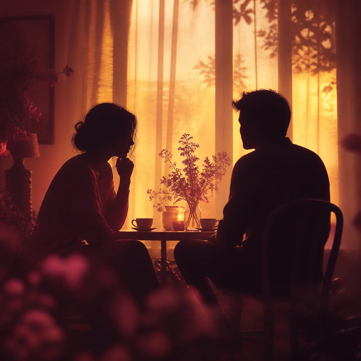 Two silhouetted figures in quiet conversation about STI safety, warm amber duotone photography