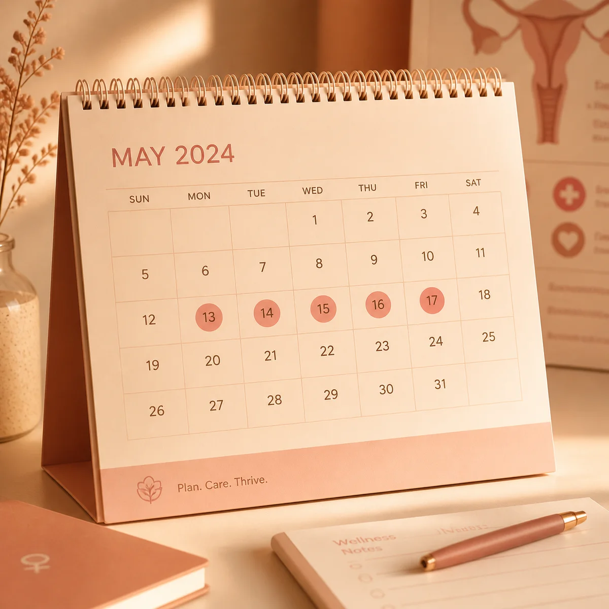 Abstract calendar with testing dates marked, STI testing schedule visualization in warm tones