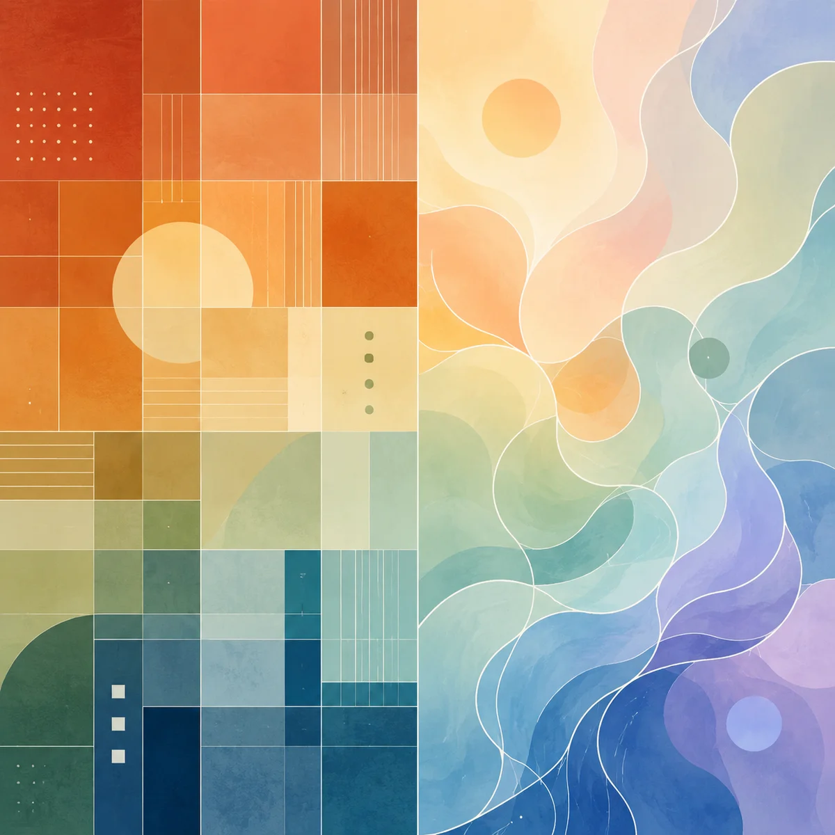 Split-screen with structured grid and organic curves, gradient minimalist