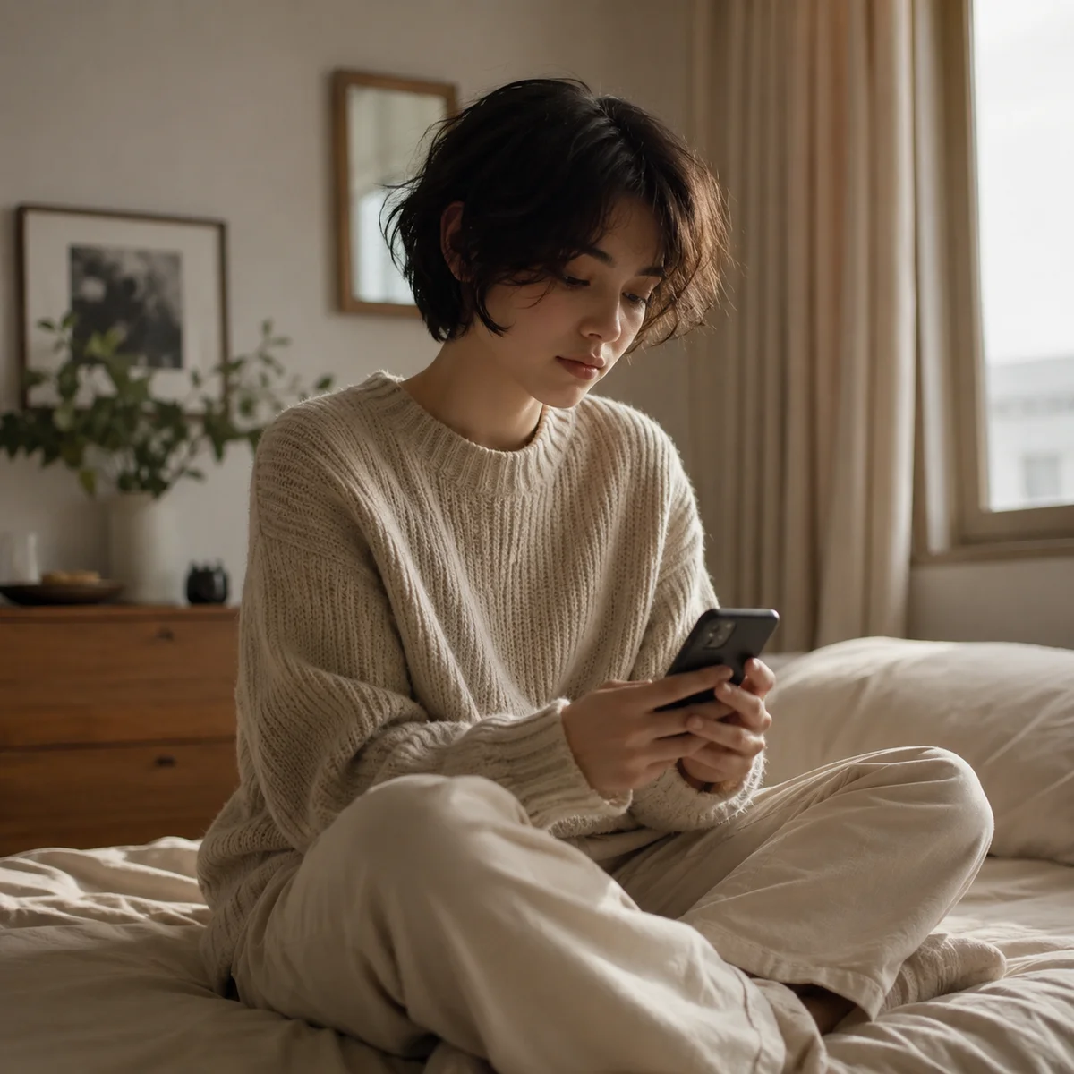 Editorial photography of a person looking at a phone with a reflective expression, soft natural light, shallow depth of field, warm muted tones