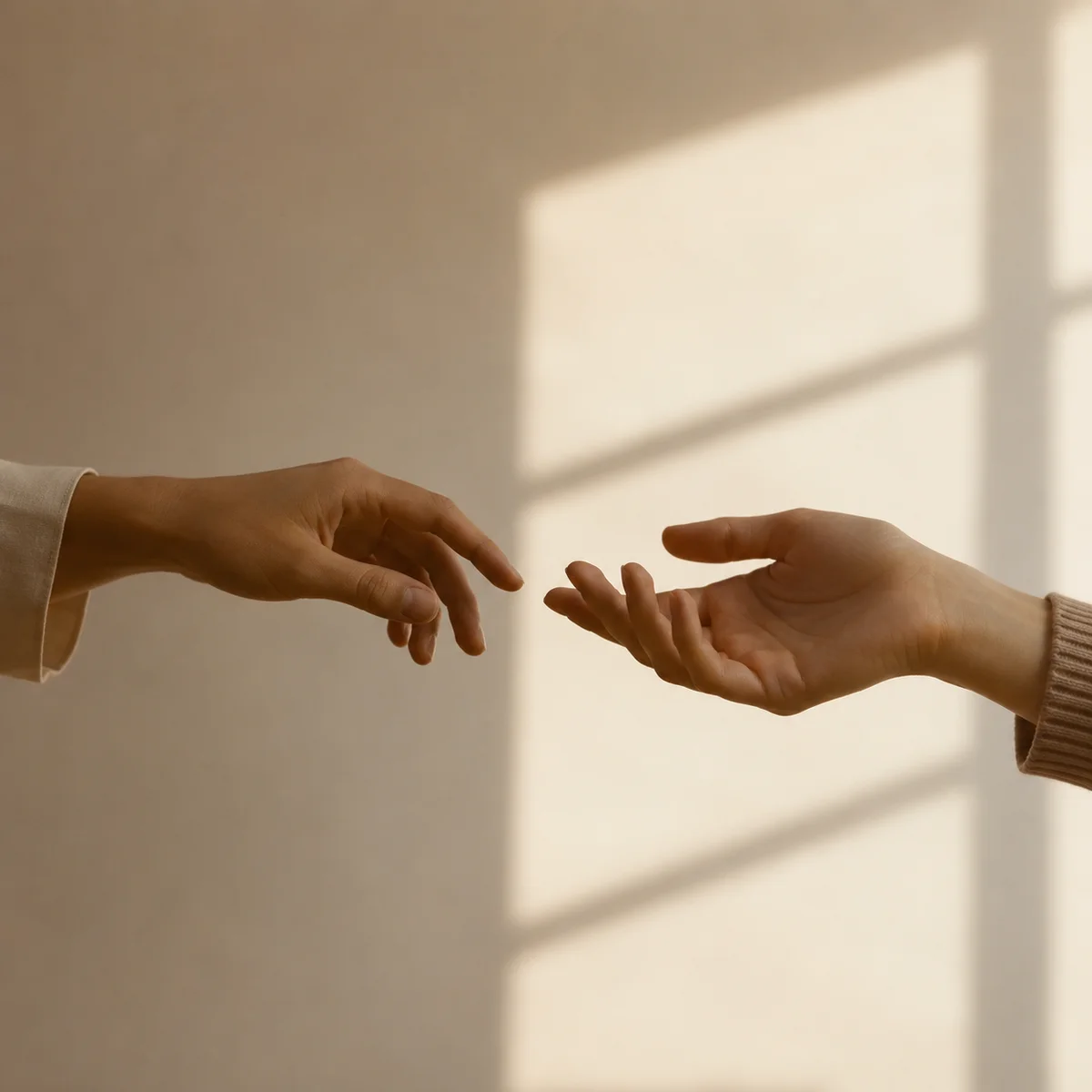 Editorial-style photograph of two hands reaching toward each other but not quite touching, soft window light, moody and contemplative, warm neutral tones