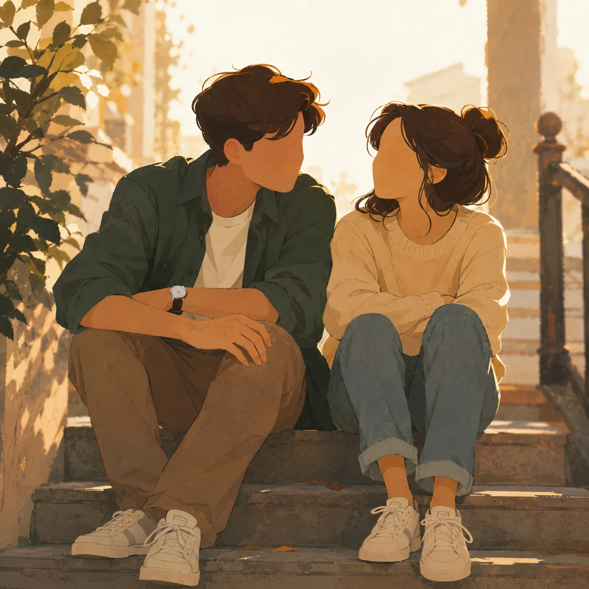 Editorial photograph of a couple sitting side by side on steps talking quietly, soft golden hour light, comfortable body language, candid composition